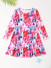 Sweet Puppy Graphic Long Sleeve Crew Neck Dress Girls Comfy Dresses