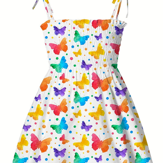 Girls Butterfly Graphic Shirred Puffy Cami Dress Summer Clothes