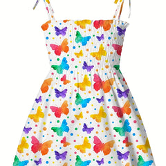 Girls Butterfly Graphic Shirred Puffy Cami Dress Summer Clothes