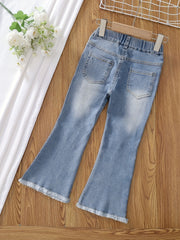 Girls Denim Flared Leg Pants Kids Stretch Skinny Trousers Zipper Casual Pants