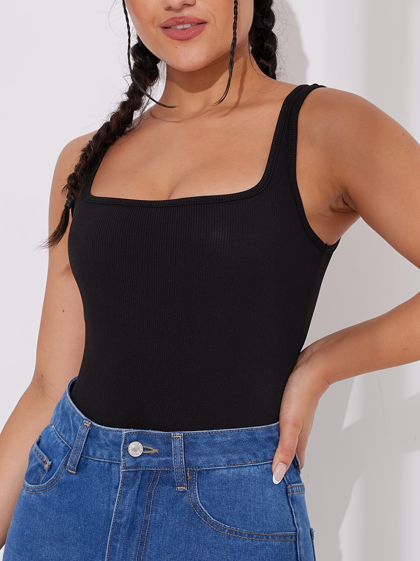 Square Neck Waist Cincher Bodycon Ribbed Bodysuit