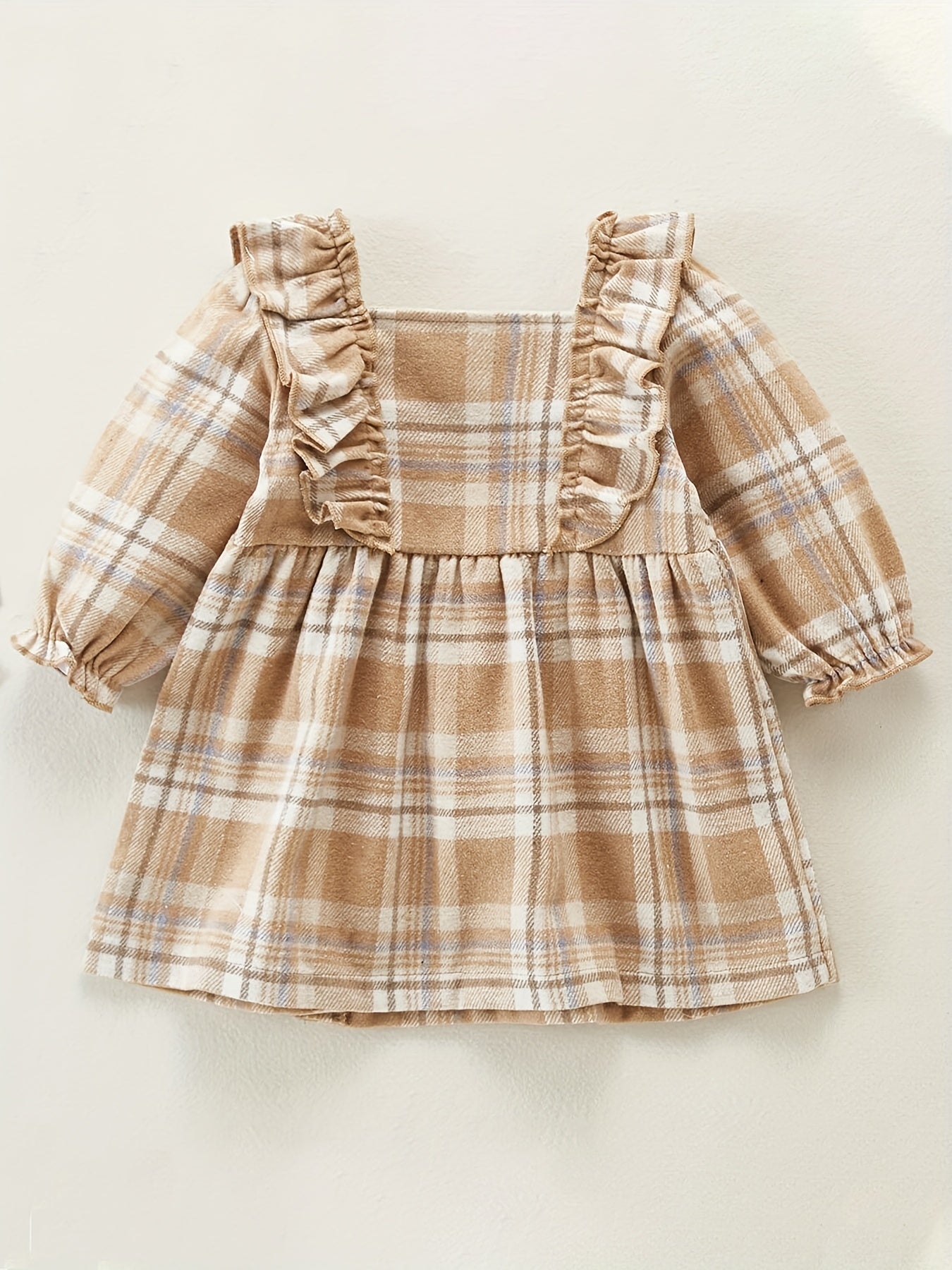 Baby Girl Plaid Print Ruffle Sleeves Thick Dress