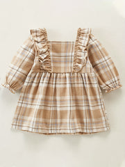 Baby Girl Plaid Print Ruffle Sleeves Thick Dress