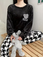 Plaid Thermal Loungewear Pajamas Set Long Sleeve Pullover Tops & Pants