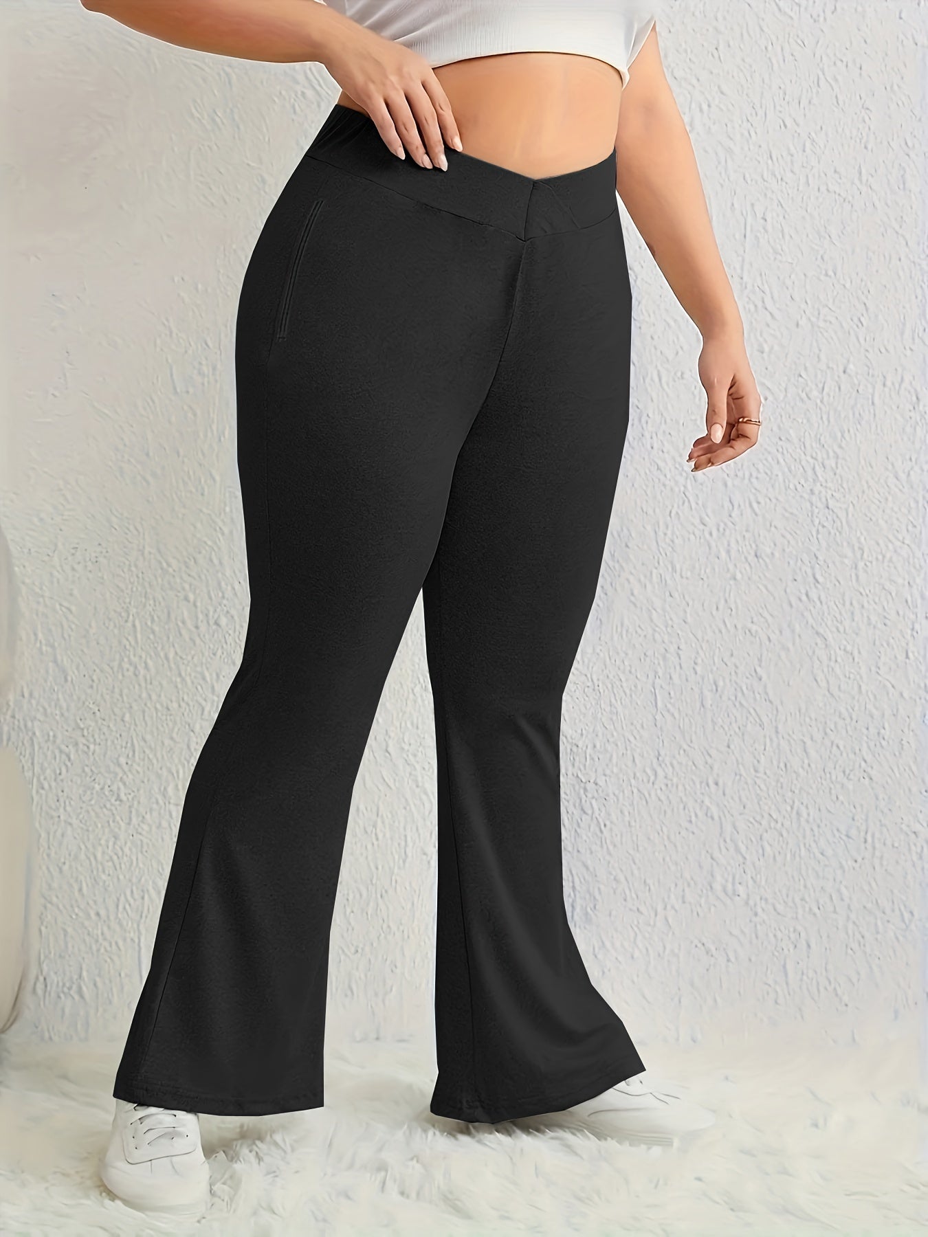 Flared Leg Trousers Elastic Waist Medium Stretch