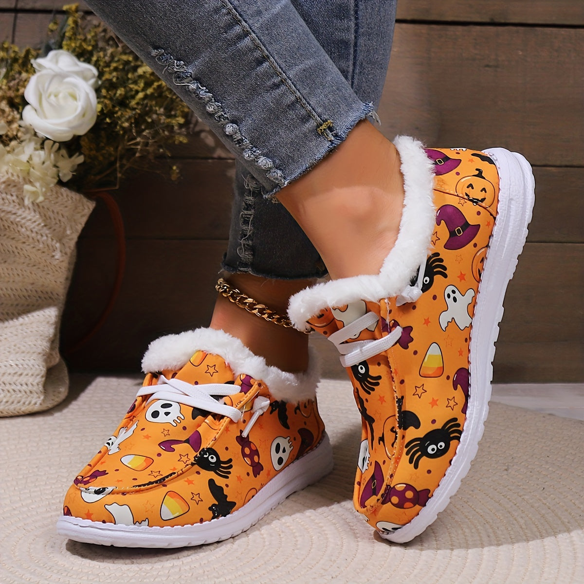 Halloween Horror Cat Pumpkin Print Plush Lined Furry Slip On Sneakers