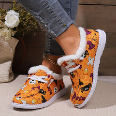 Halloween Horror Cat Pumpkin Print Plush Lined Furry Slip On Sneakers