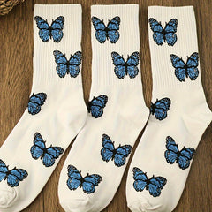 3 Pairs Butterfly Print Socks Comfy & Breathable Mid Tube Socks