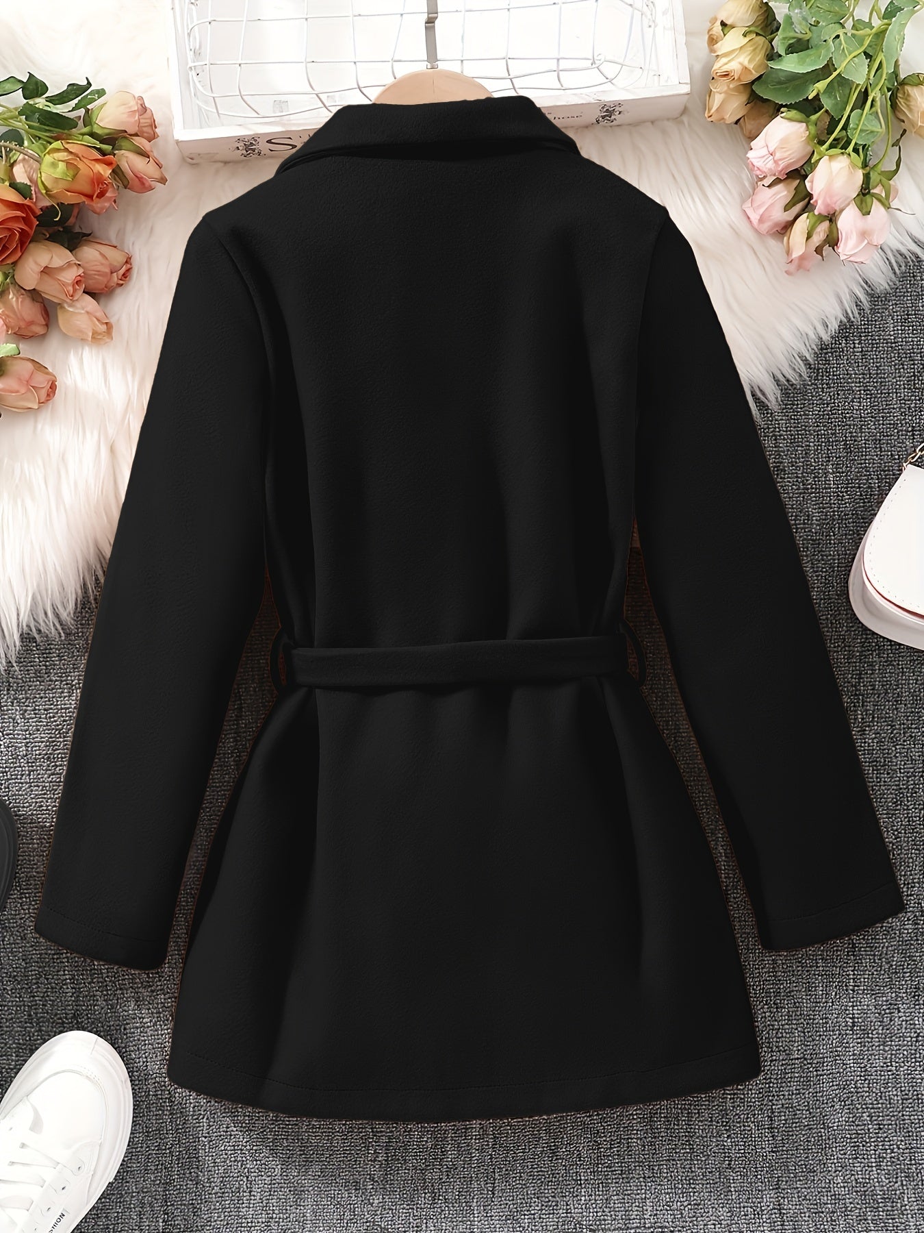 Girls Lapel Neck Windbreaker Jacket Double Breasted Overcoat