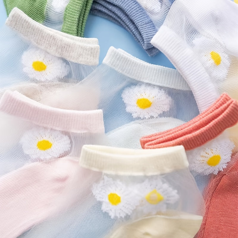 5 Pairs Chrysanthemum Print Sheer Ankle Socks Women's Stockings & Hosiery