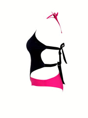 Sexy Swimsuit Women's Plus Gesture Print V Neck Cut Out Halter One Pie