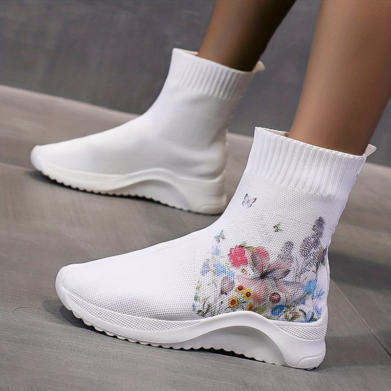 Flower & Butterfly Pattern Sneakers: Casual & Breathable Knit Sock Shoes