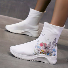 Flower & Butterfly Pattern Sneakers: Casual & Breathable Knit Sock Shoes
