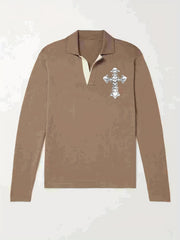 Knitted Cross Print Sweater Men's Warm V Neck Pullover For Fall Winter