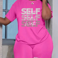 2 Piece Set Women's Plus Letter Print Tee & Shorts Outfits