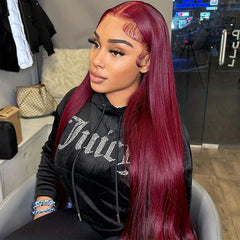 Burgundy 13x4 Transparent Straight Lace Front Wigs Human Hair 150 Density