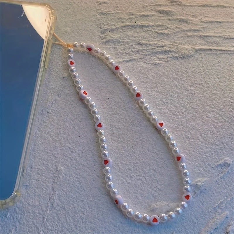 Resin Red Love Pearl Phone Lanyard Keychain for Girls