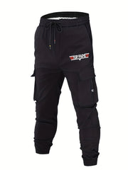 PAPA Print Cargo Pants Men's Loose Fit Drawstring Solid Joggers