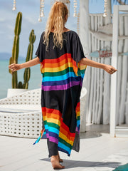 Women's Plus Rainbow Stripe Bat Sleeve V Neck Slight Stretch Cover Up Dress