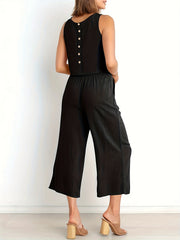Casual Solid Two piece Set Sleeveless Top & Wide Leg Pants Outfits