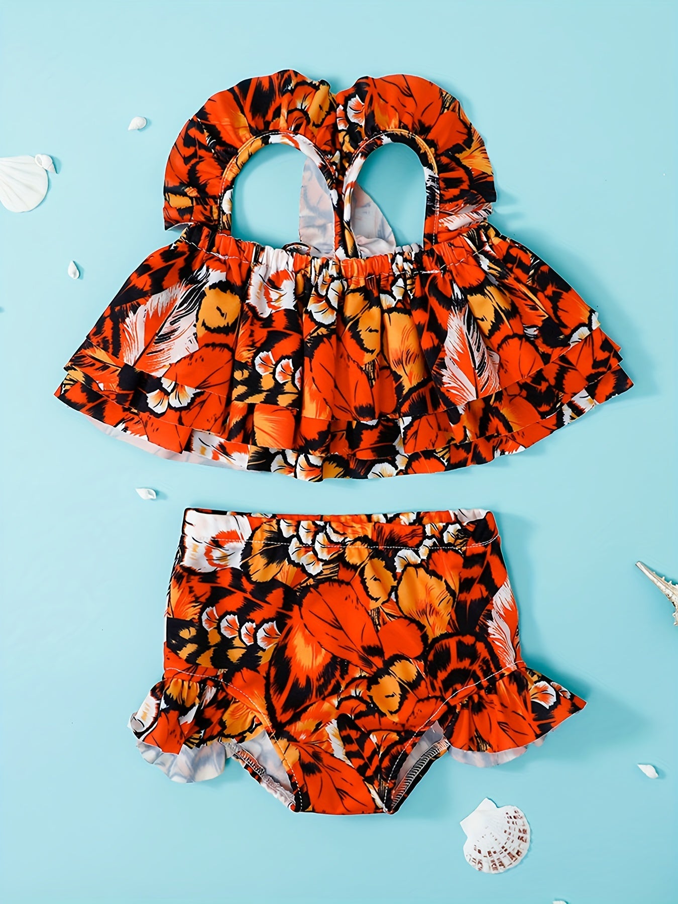 Baby Girls Print Swimsuit Set Ruffle Layered Crop Top Shorts 2pcs