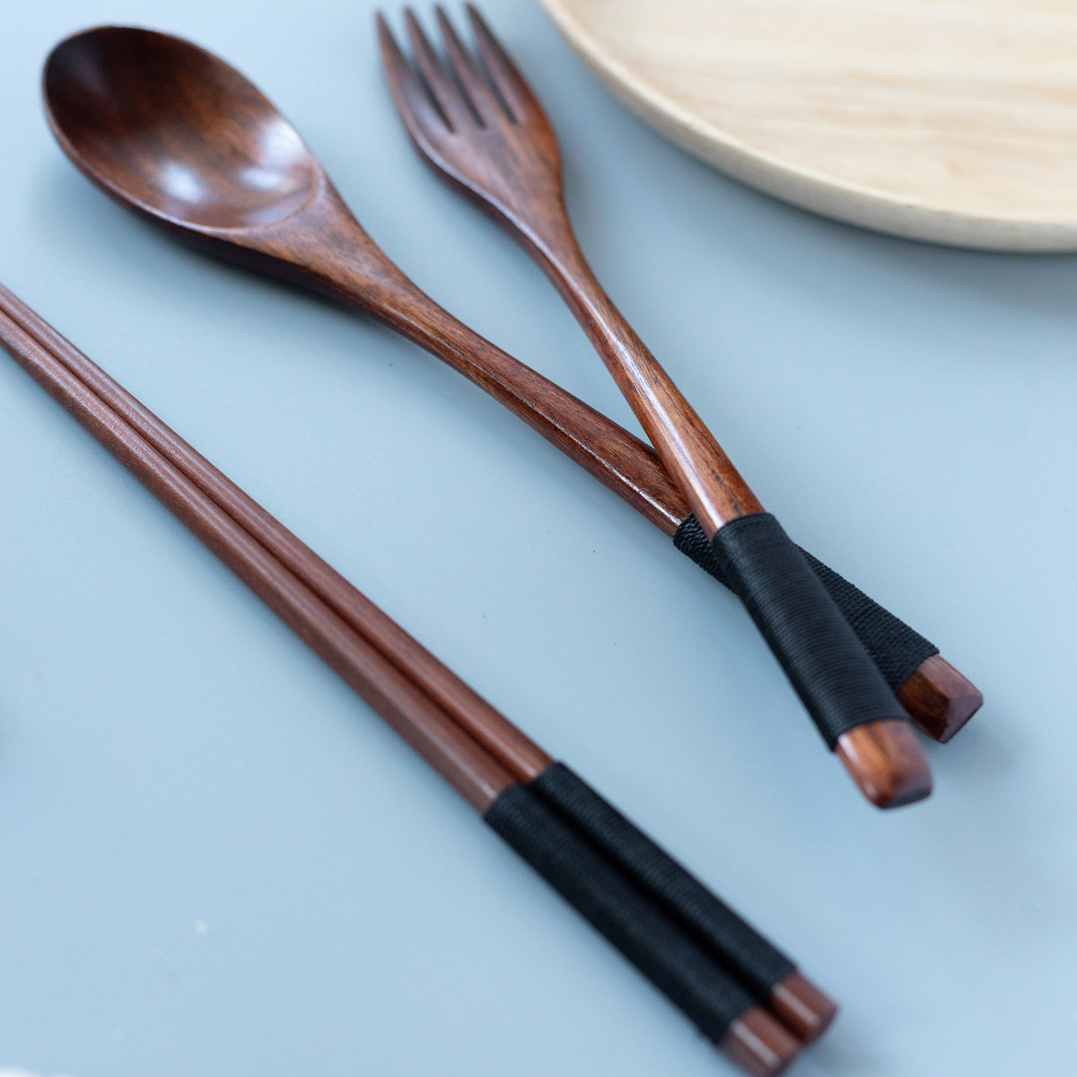 3pcs Japanese Wooden Tableware Spoon Chopsticks Fork Set