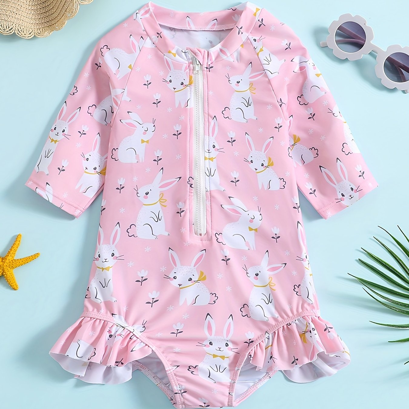 Girls' Cartoon Rabbit Zip Up Swimsuit & Bathing Suit