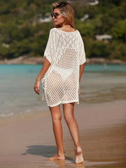 Eyelet Hollow Crochet Tie Side Beach Cover Up Batwing Split Thigh Solid Boho Bea