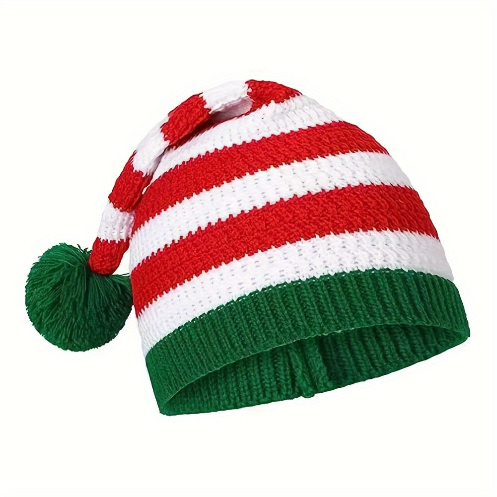 Christmas Striped Knit Hat With Pom, Adult Kids Beanie Caps