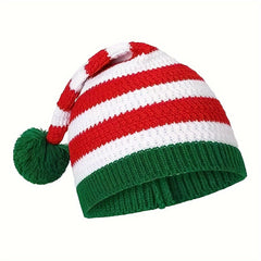 Christmas Striped Knit Hat With Pom, Adult Kids Beanie Caps