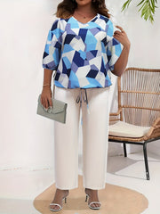 Women's Plus Geometric Print Top & Solid Pants Two Piece Set