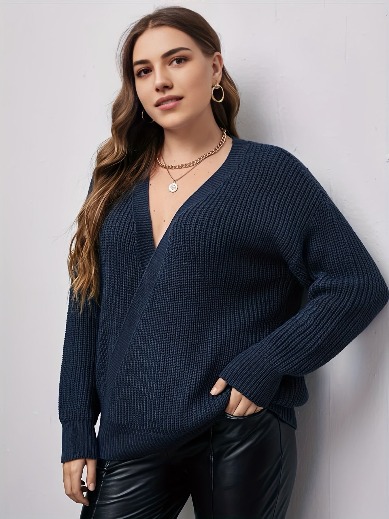 V Neck Long Sleeve Pullover Sweater Medium Stretch