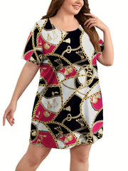 Colorblock Chain Print Round Neck Sleep Dress