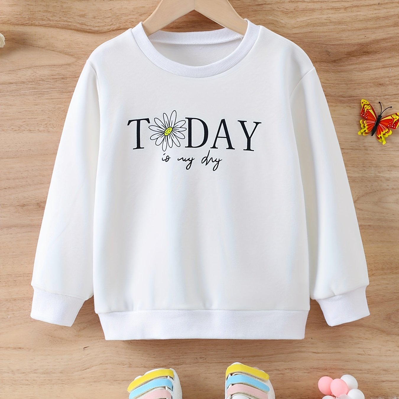 Girls Flower & Letter Graphic Crew Neck Sweatshirt Pullover