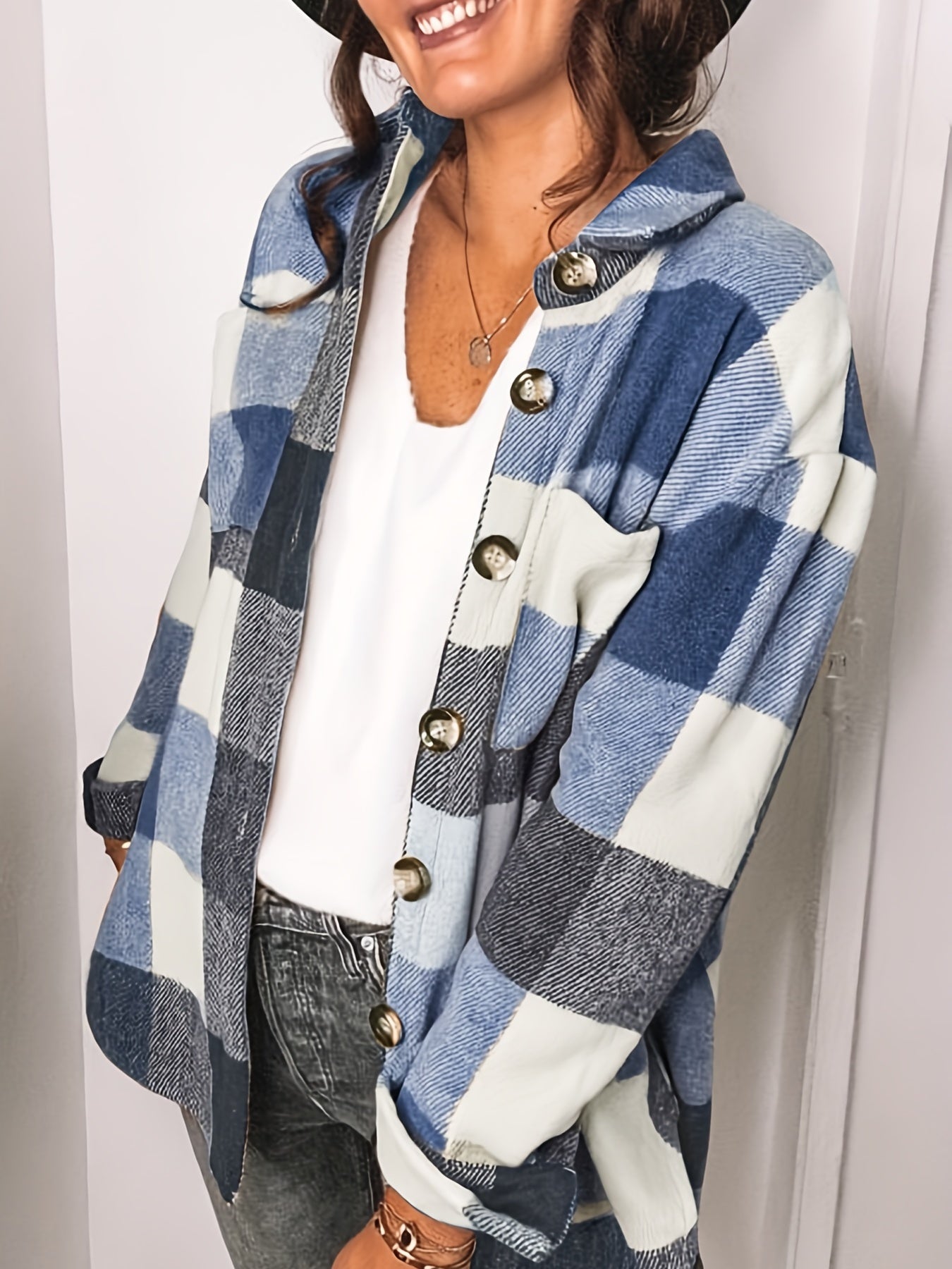 Button Plaid Drop Shoulder Jacket for Fall & Winter