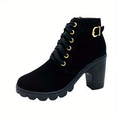 Women's Chunky Heeled Short Boots Lace Up Solid Ankle Boots