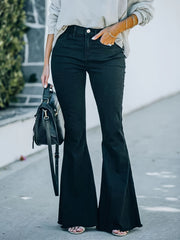 Solid Raw Trim Button Fly High Rise Flared Leg Jeans