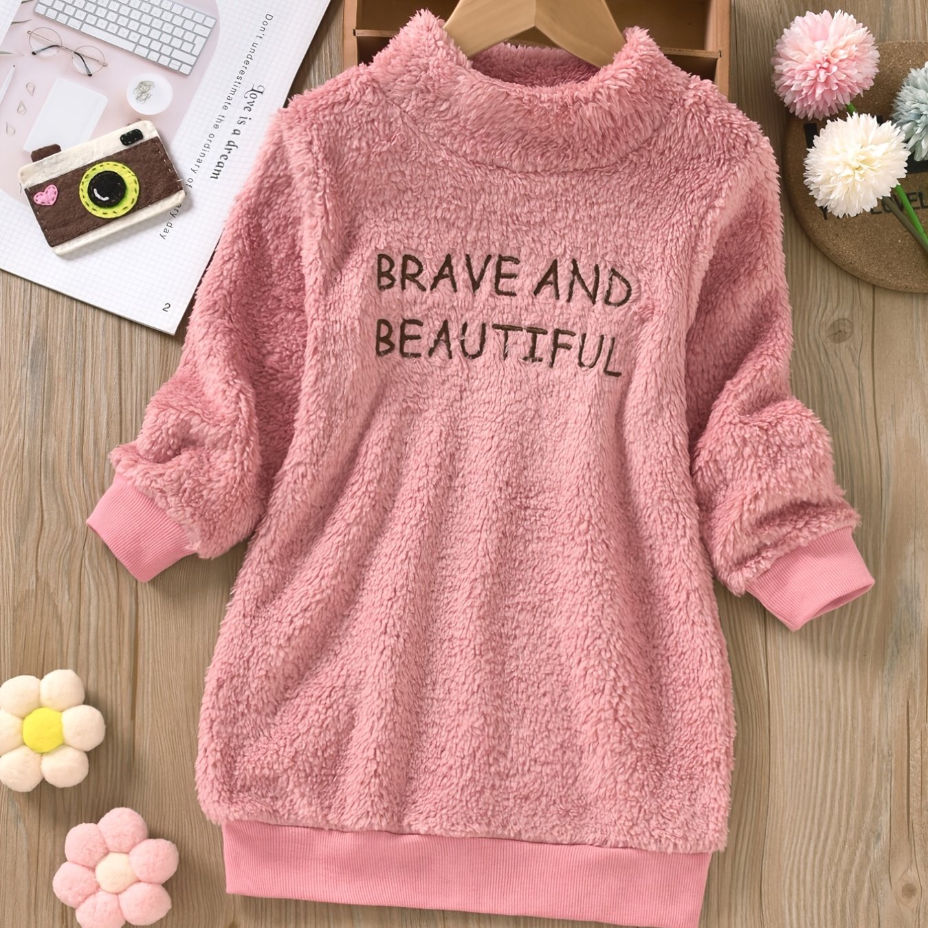 Girls Warm Fleece Dress with Letter Embroidery
