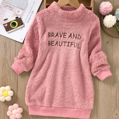 Girls Warm Fleece Dress with Letter Embroidery