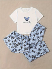 Butterfly Print 3pc Pajama Set Round Neck Cami Top Shorts Pants