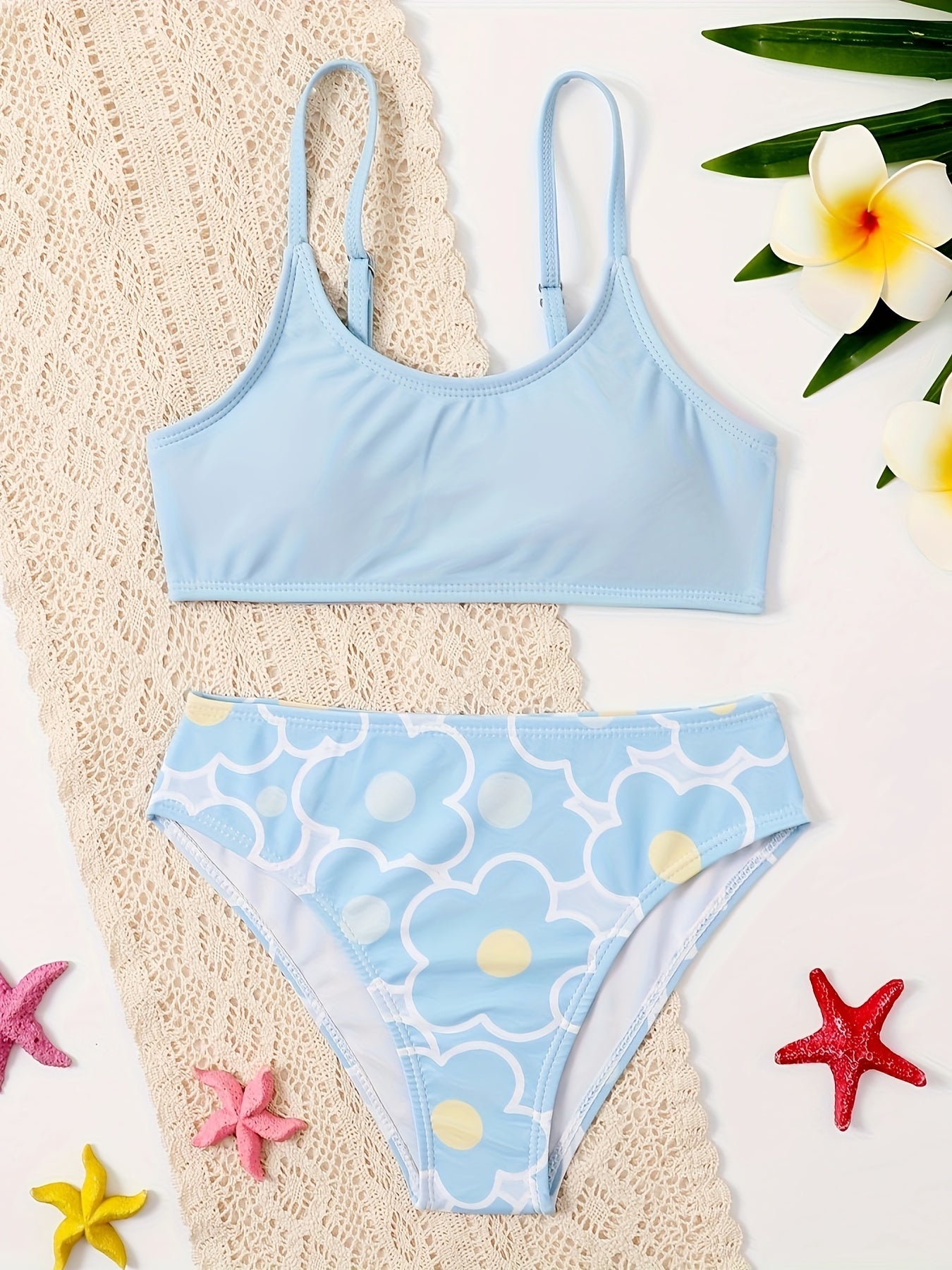 2pcs Girls Sweet Bikini Swimsuit Sets Solid Top Flower Graphic Briefs Set