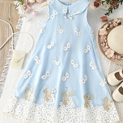 Girls Peacock Feather Print Dress - Sleeveless Summer Dress