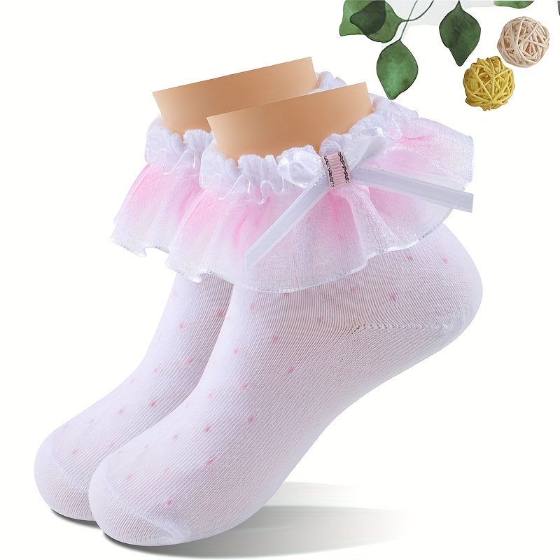 3 Pairs Girls Lace Ruffle Bow Socks for Autumn & Spring
