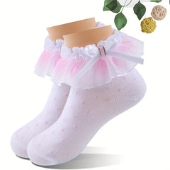 3 Pairs Girls Lace Ruffle Bow Socks for Autumn & Spring