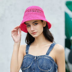 Rose Red Crochet Bucket Hat Straw Hat Hollow Vacation Beach Fisherman