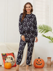 Halloween Ghost Print Pajama Set Long Sleeve Top & Pants Women's Sleepwear