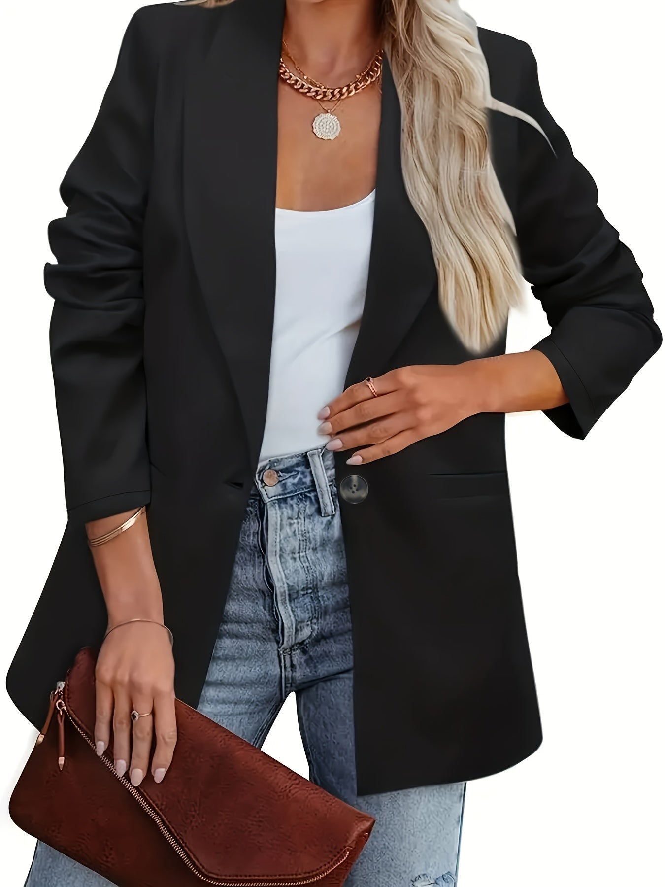 Women's Plus Solid Long Sleeve Casual Blazer
