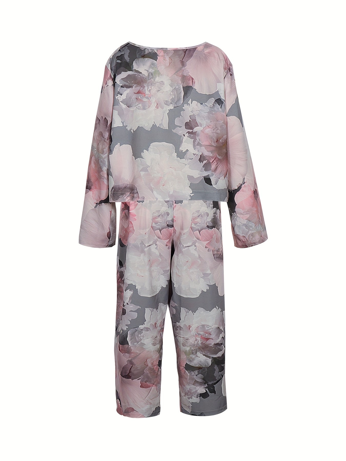 Women's Plus Floral Print Round Neck Top & Drawstring Pants Set