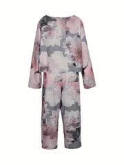 Women's Plus Floral Print Round Neck Top & Drawstring Pants Set