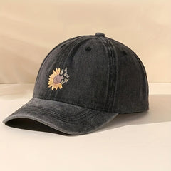 Sunflower Print Washed Baseball Cap Vintage Distressed Dad Hats